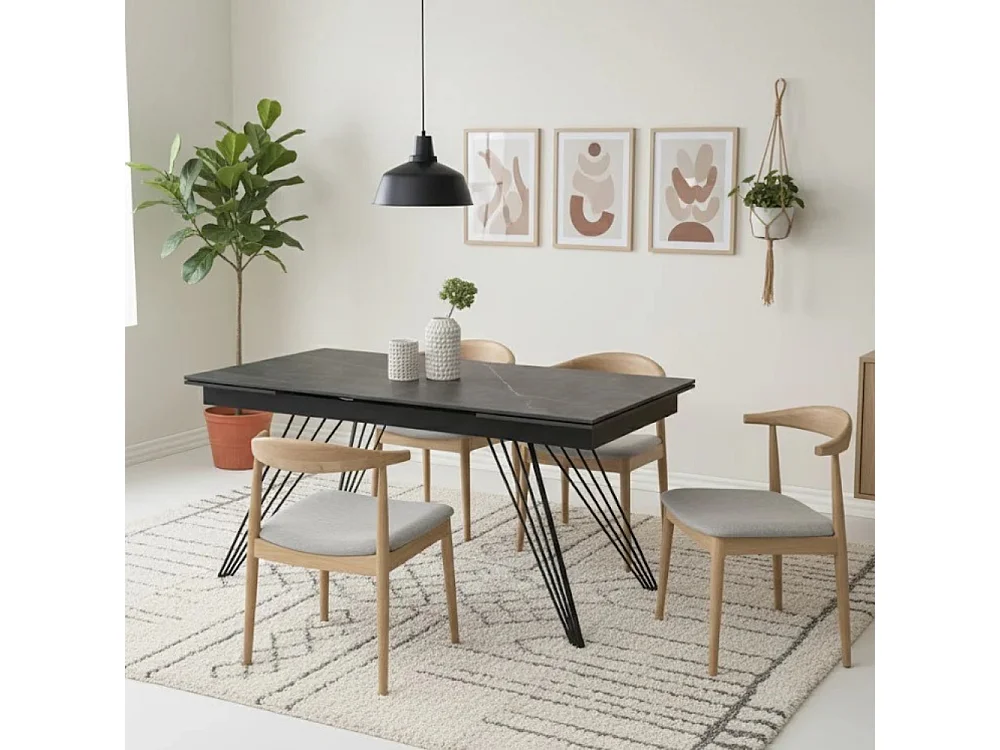 Ausziehbarer Esstisch Augustus 160-240x90 cm aus Keramik mit grauem Marmor-Effekt, 10 Plätze, matt schwarze Metallbeine