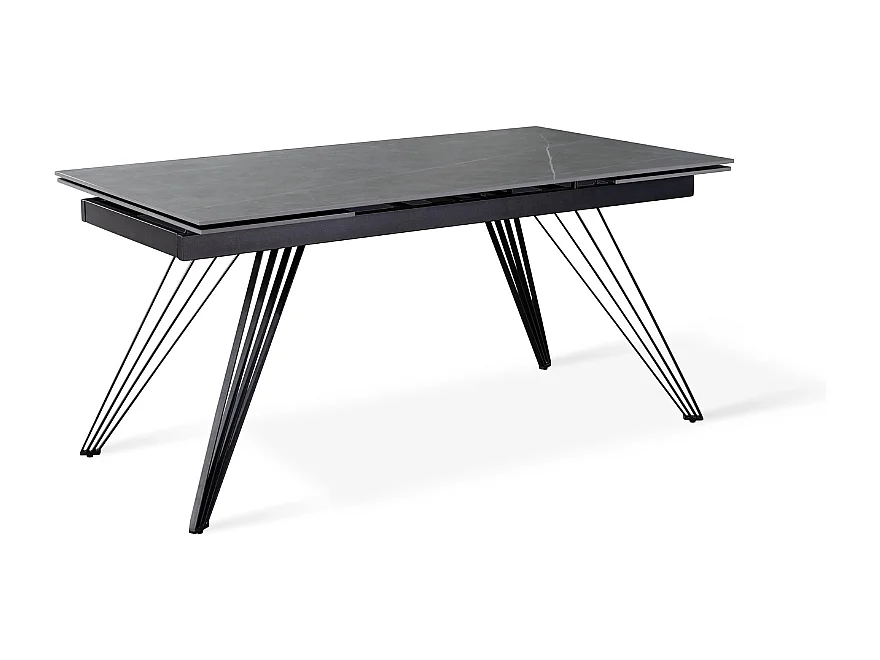 Ausziehbarer Esstisch Augustus 160-240x90 cm aus Keramik mit grauem Marmor-Effekt, 10 Plätze, matt schwarze Metallbeine