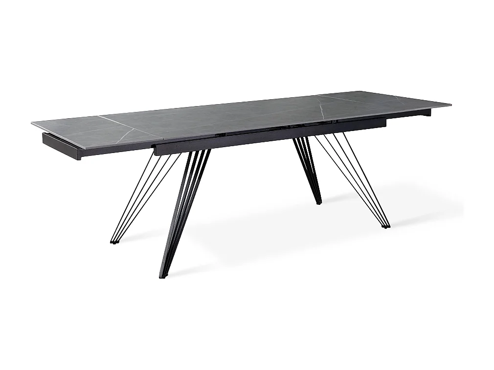 Ausziehbarer Esstisch Augustus 160-240x90 cm aus Keramik mit grauem Marmor-Effekt, 10 Plätze, matt schwarze Metallbeine