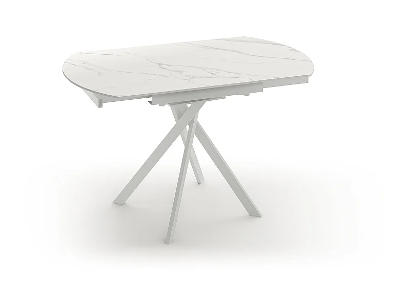 Drift,  Tavolo allungabile con top in ceramica con gambe in metallo verniciato. Allunghe interne in ceramica. (120cm X 80-120cm H. 76cm)| Duzzle