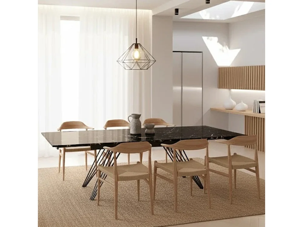 Mesa de comedor extensible Augustus 160-240x90 cm cerámica efecto mármol negro mate, 10 plazas, patas de metal negro