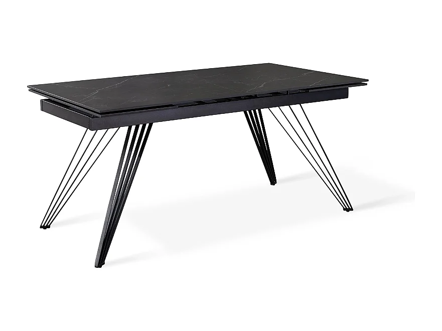 Mesa de comedor extensible Augustus 160-240x90 cm cerámica efecto mármol negro mate, 10 plazas, patas de metal negro