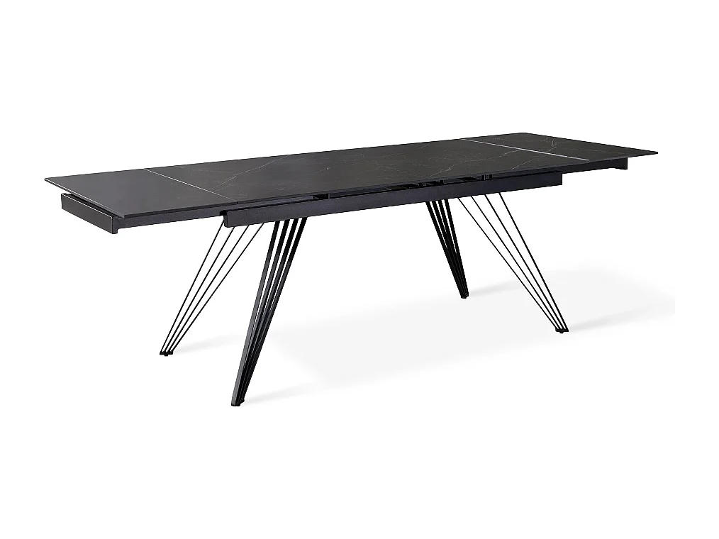 Mesa de comedor extensible Augustus 160-240x90 cm cerámica efecto mármol negro mate, 10 plazas, patas de metal negro