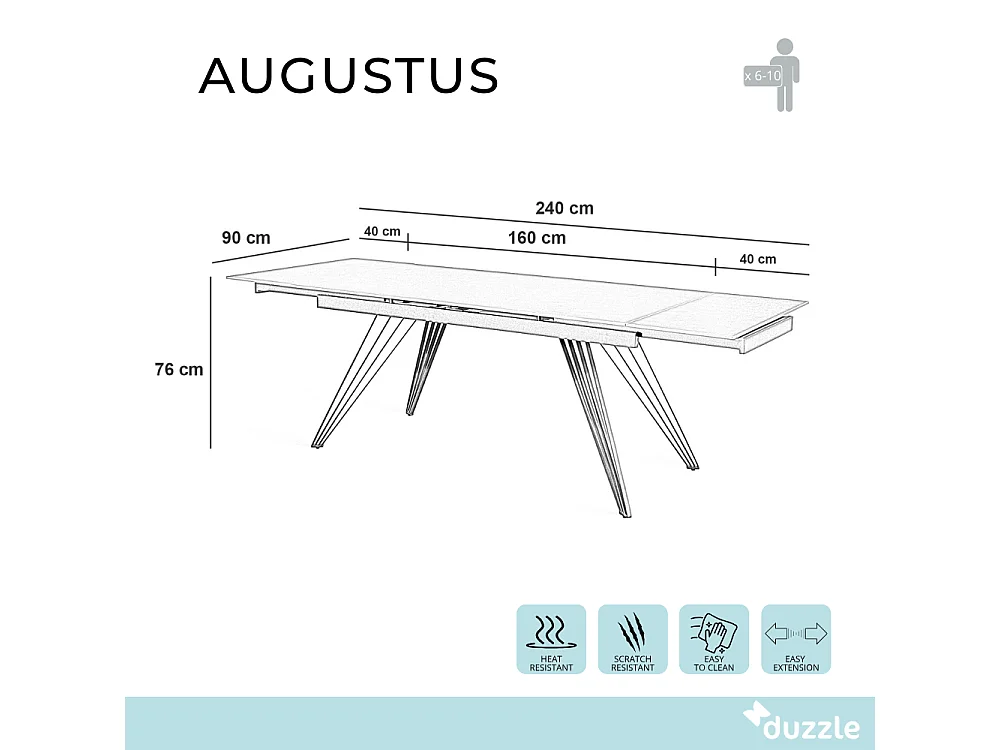 Mesa de comedor extensible Augustus 160-240x90 cm cerámica efecto mármol negro mate, 10 plazas, patas de metal negro
