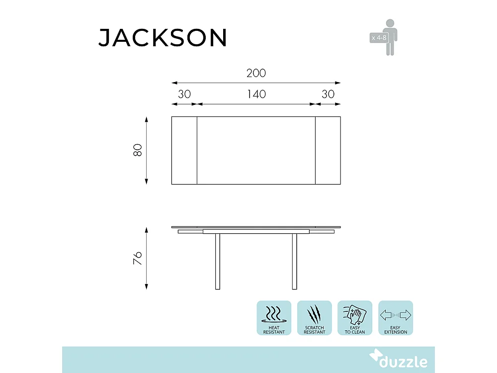 Tavolo da pranzo allungabile in vetro temperato con gambe bianche Jackson 140-200x80 cm fino a 8 posti | Duzzle