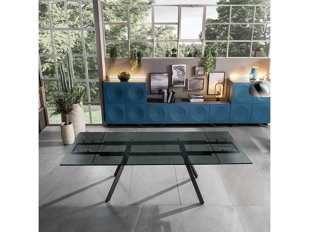 Mars, Tavolo allungabile con top in vetro temperato Nero fumé (90cm X 160/240cm H. 76cm)
