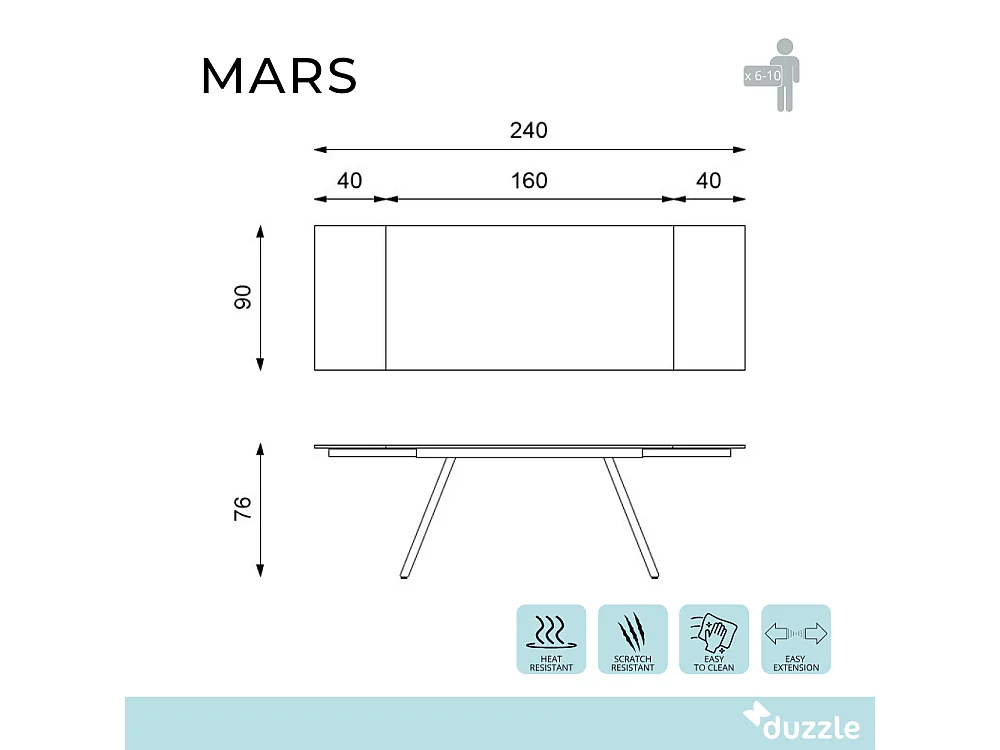 Mars, Tavolo allungabile con top in vetro temperato Nero fumé (90cm X 160/240cm H. 76cm)