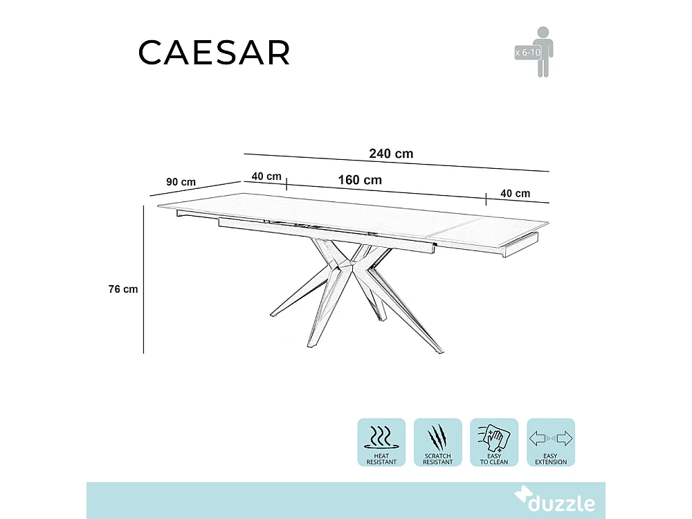 Tavolo da pranzo allungabile in ceramica effetto marmo nero Caesar 160-240x90 cm fino a 10 posti | Duzzle