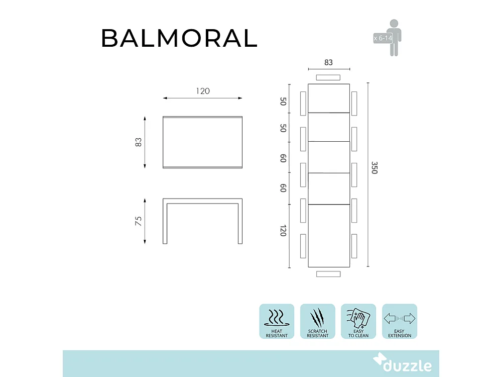 Tavolo da pranzo allungabile in vetro temperato bianco Balmoral 120-350x83 cm fino a 14 posti | Duzzle
