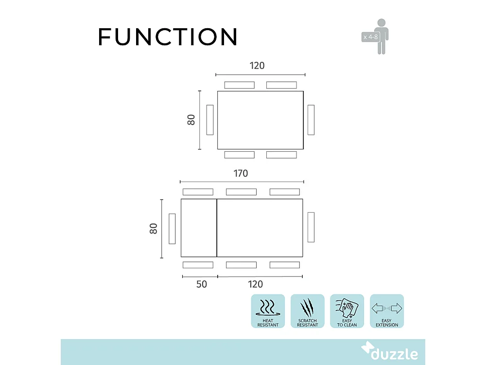 Tavolo da pranzo allungabile in vetro temperato tortora Function 120-170x80 cm fino a 8 posti | Duzzle