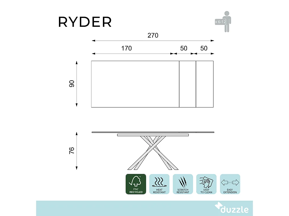 Ryder, Tavolo allungabile con top in HPL su MDF Nero (90cm X 170/270cm H. 76cm) Made in Italy