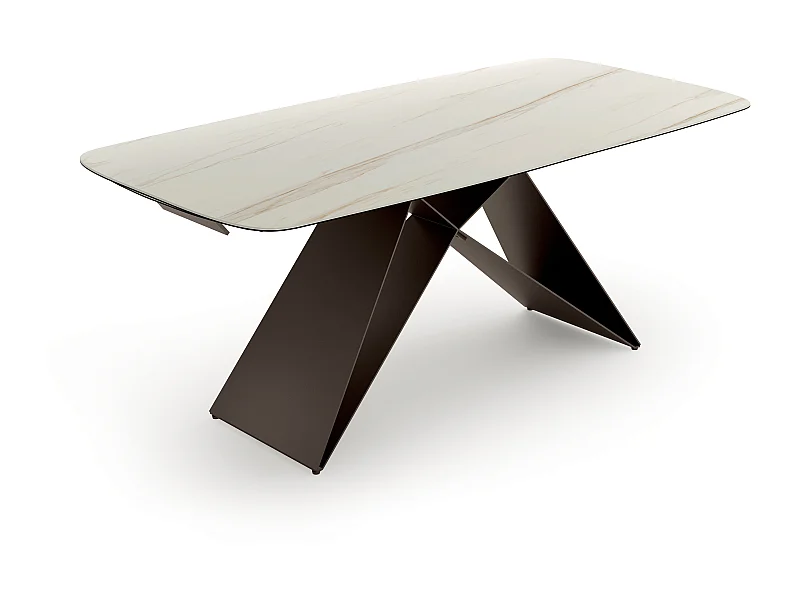 Cruise,  Tavolo allungabile con top in ceramica su vetro con gambe in metallo verniciato. Allunghe interne in ceramica. (100cm X 200-280cm H. 76cm)| Duzzle