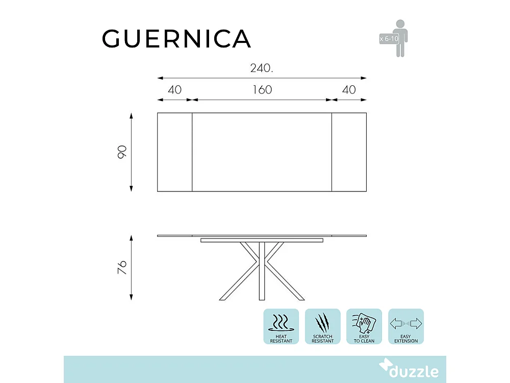 Tavolo da pranzo allungabile in ceramica effetto marmo grigio Guernica 160-240x90 cm fino a 10 posti | Duzzle