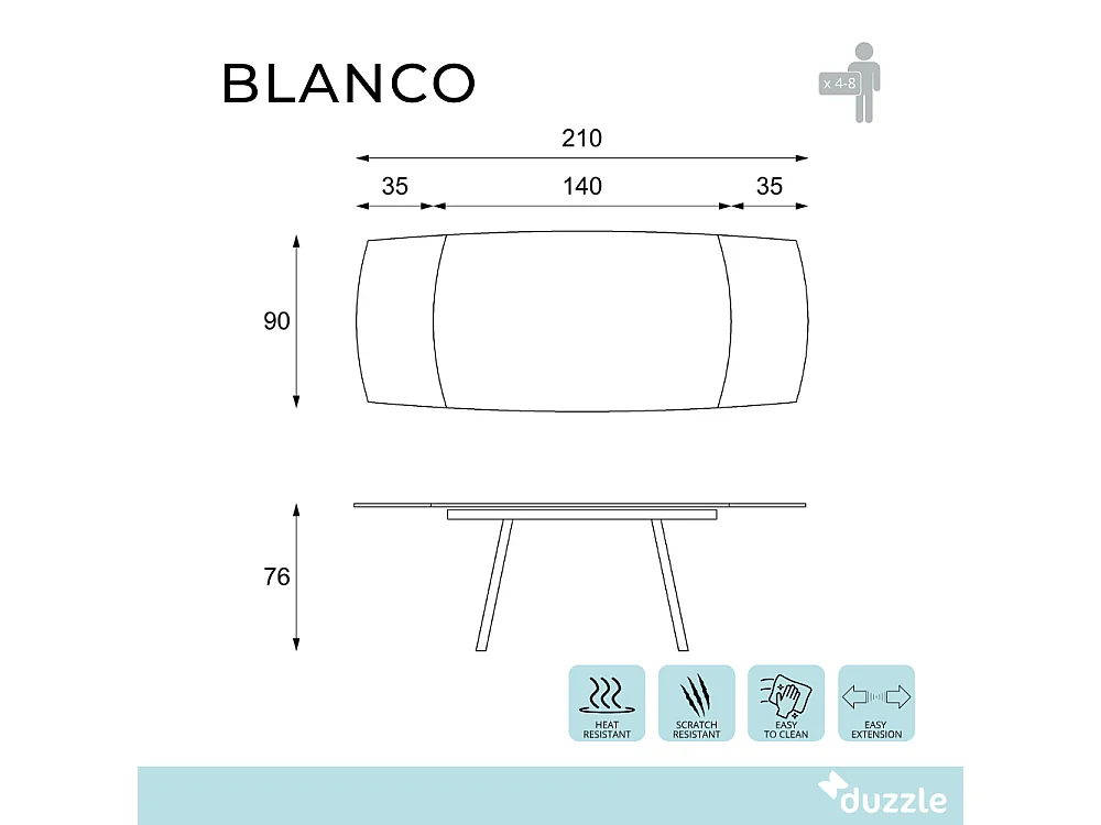 Tavolo da pranzo allungabile in vetro temperato bianco Blanco 140-210x90 cm fino a 8 posti | Duzzle