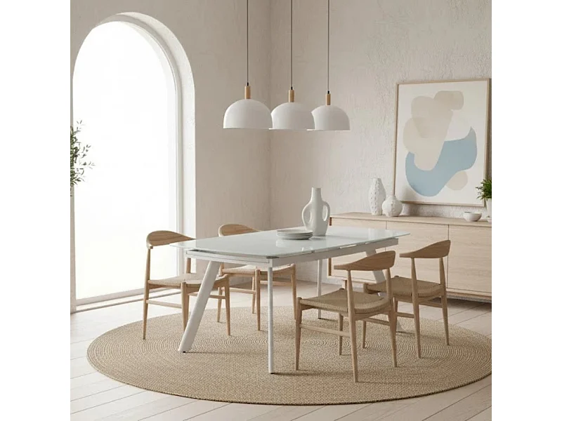 Blanco, Tavolo allungabile con top in vetro temperato Extra white (90cm X 140/175/210cm H. 76cm)