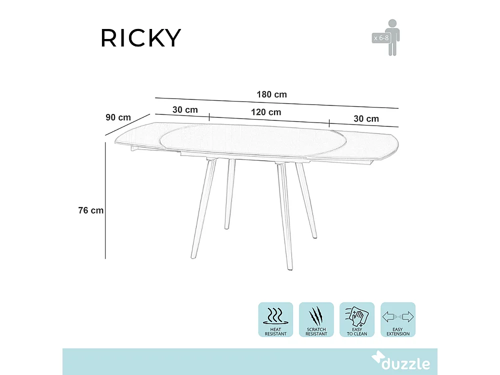 Tavolo da pranzo allungabile in vetro temperato bianco Ricky 120-180x90 cm fino a 8 posti | Duzzle