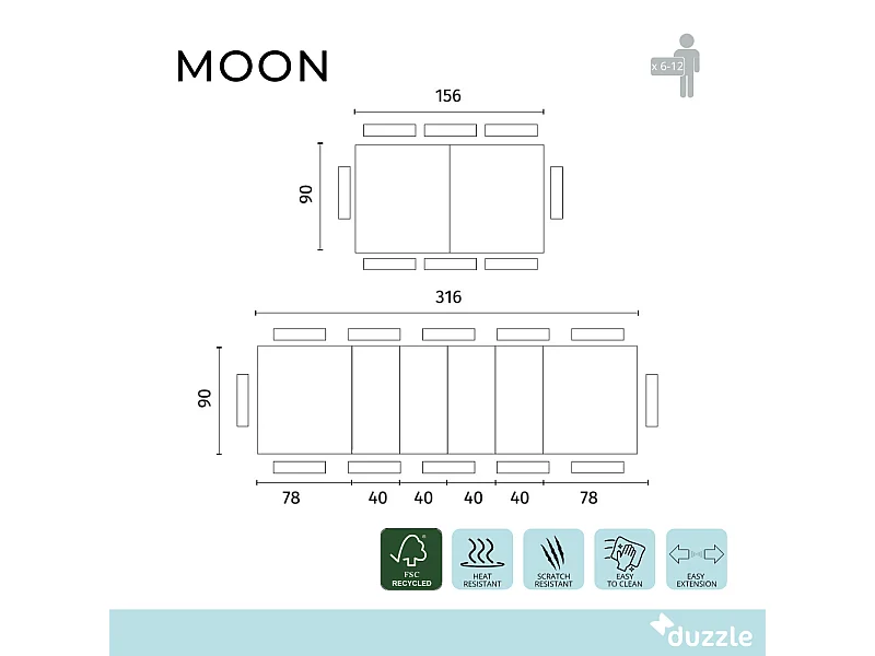 Moon,  Tavolo allungabile con top in melaminico Cemento bianco (90cm X 156/ 316cm H. 76cm) Made in Italy