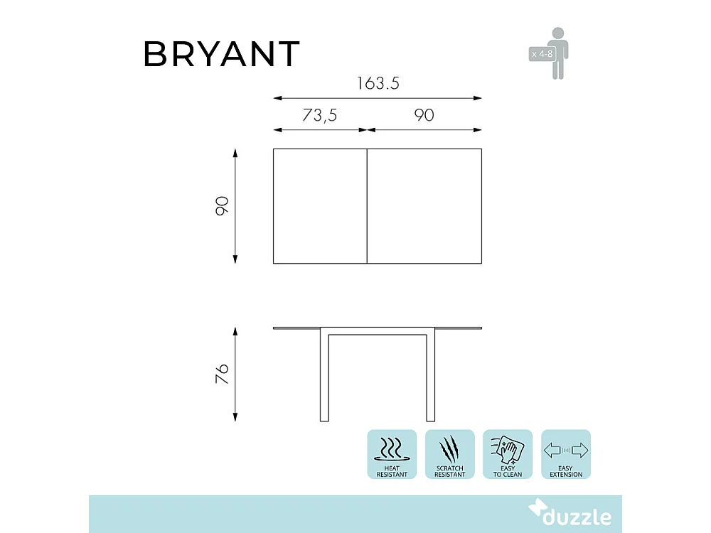 Tavolo da pranzo allungabile in vetro temperato grigio Bryant 90-163,5x90 cm fino a 8 posti | Duzzle