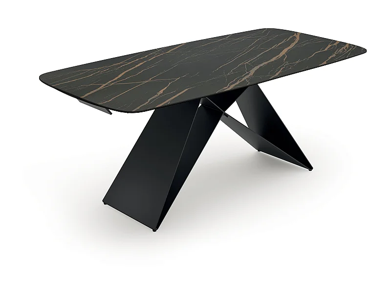 Cruise,  Tavolo allungabile con top in ceramica su vetro con gambe in metallo verniciato. Allunghe interne in ceramica. (100cm X 200-280cm H. 76cm)| Duzzle