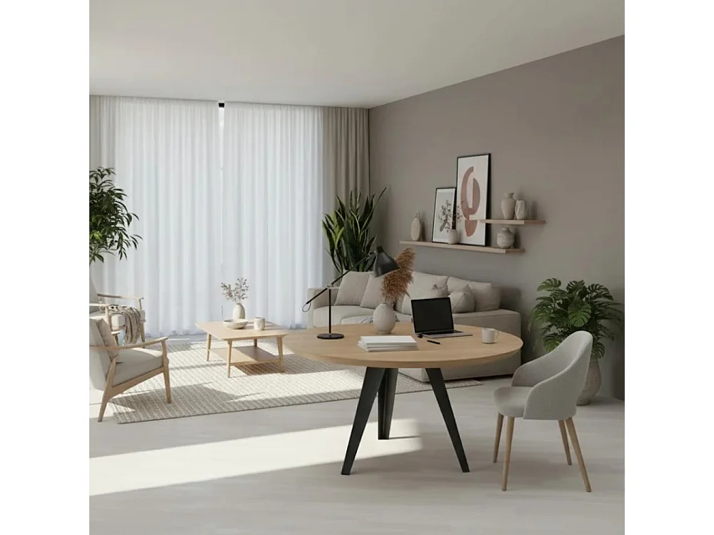 Leo, Tavolo fisso con top Impiallacciato Rovere naturale (0cm X Diam 130cm H. 76cm) Made in Italy