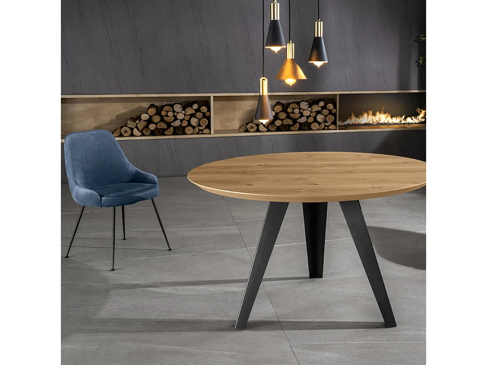 Leo, Tavolo fisso con top Impiallacciato Rovere naturale (0cm X Diam 130cm H. 76cm) Made in Italy
