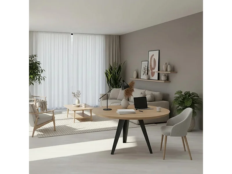 Leo, Tavolo fisso con top Impiallacciato Rovere naturale (0cm X Diam 130cm H. 76cm) Made in Italy