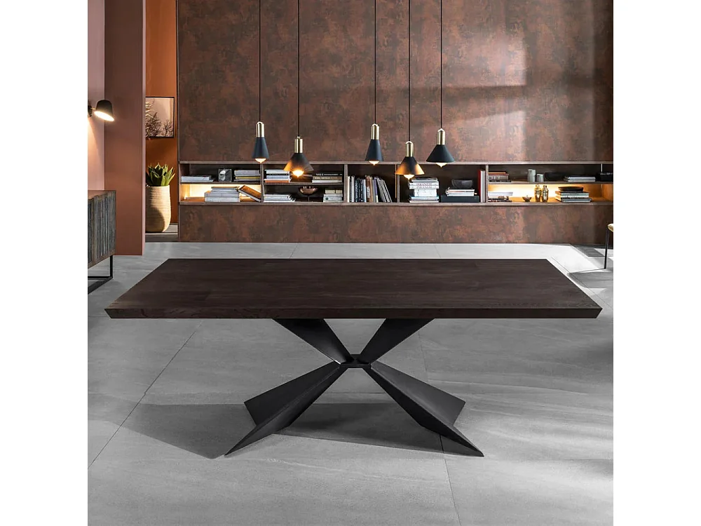 Mesa fija Taurus en roble termotratado y metal negro, 6 plazas, diseño moderno y robusto, Made in Italy