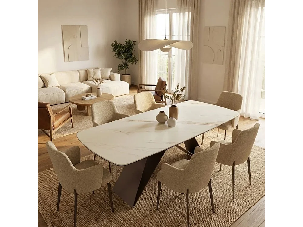 Orion, Tavolo fisso con top in Ceramica Marmo calacatta (110cm X 220cm H. 76cm)