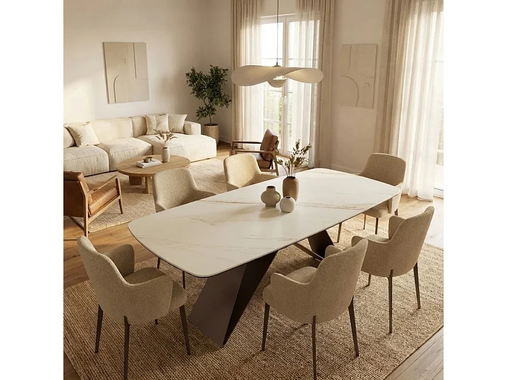 Orion, Tavolo fisso con top in Ceramica Marmo calacatta (110cm X 220cm H. 76cm)