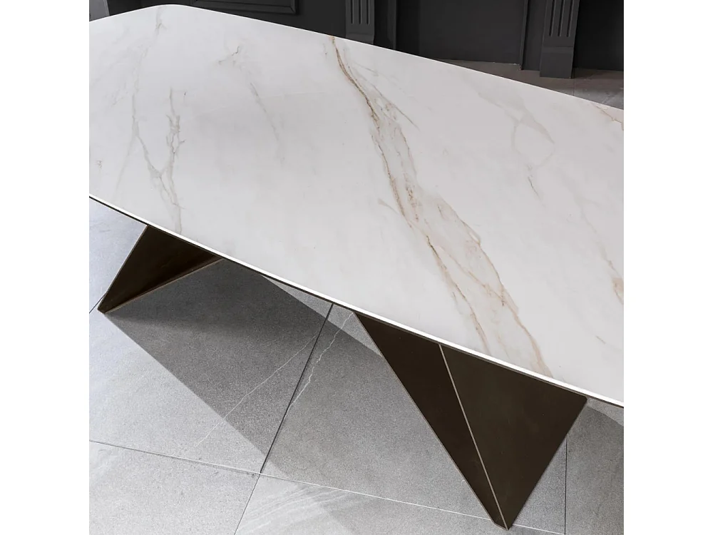 Orion, Tavolo fisso con top in Ceramica Marmo calacatta (110cm X 220cm H. 76cm)