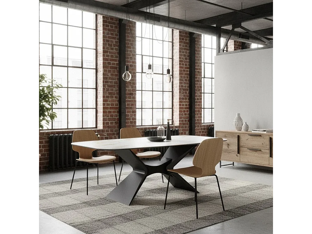 Halo, Tavolo fisso con top in ceramica su vetro Marmo calacatta (110cm X 220cm H. 75cm)