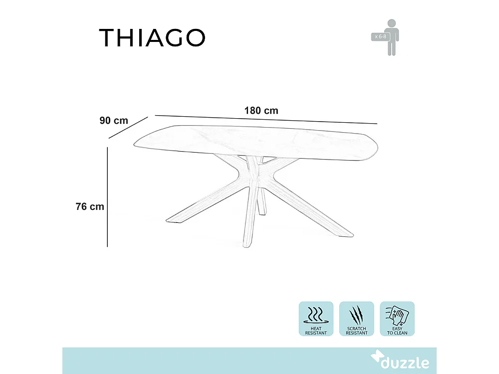 Thiago, Tavolo fisso con top in Ceramica Marmo nero (90cm X 180cm H. 76cm)