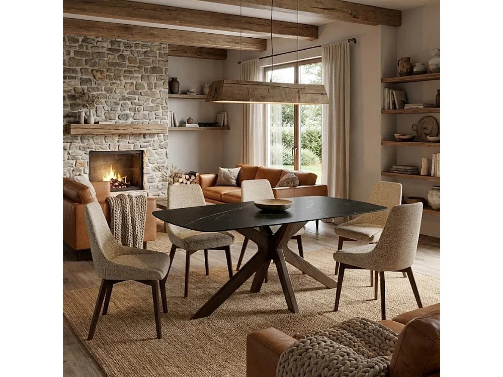 Fester Tisch Thiago 180x90 cm mit schwarzer Marmor-Effekt-Keramikplatte und massivem Walnussfuß, elegantes Design, 8 Plätze