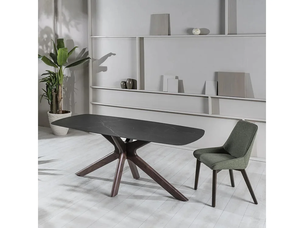 Fester Tisch Thiago 180x90 cm mit schwarzer Marmor-Effekt-Keramikplatte und massivem Walnussfuß, elegantes Design, 8 Plätze