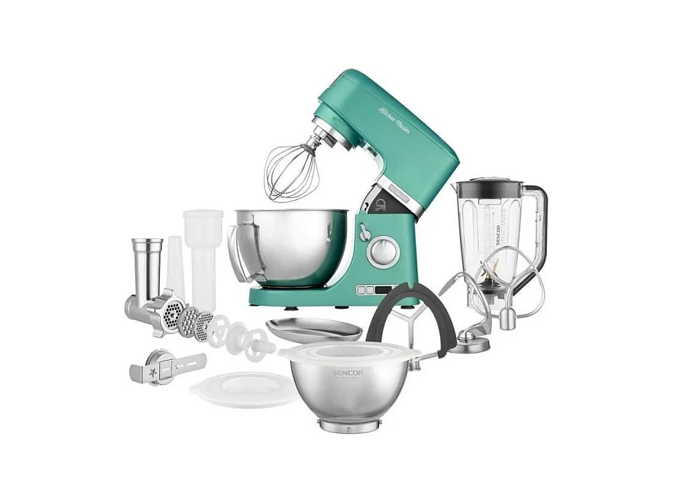 Robot Pastelero Sencor STM 7871GR - Potente Motor 1000W, Bol de Acero Inoxidable 4,5L, Batidora Tritan 1,5L, Picadora de Carne, Accesorios Completos