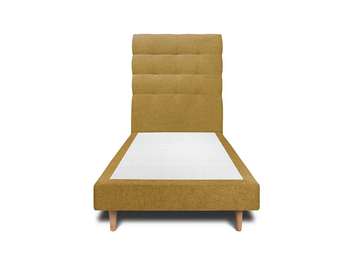Lit 90x190cm avec tête de lit capitonnée tissu et sommier tapissier jaune - Hauteur totale : 29cm