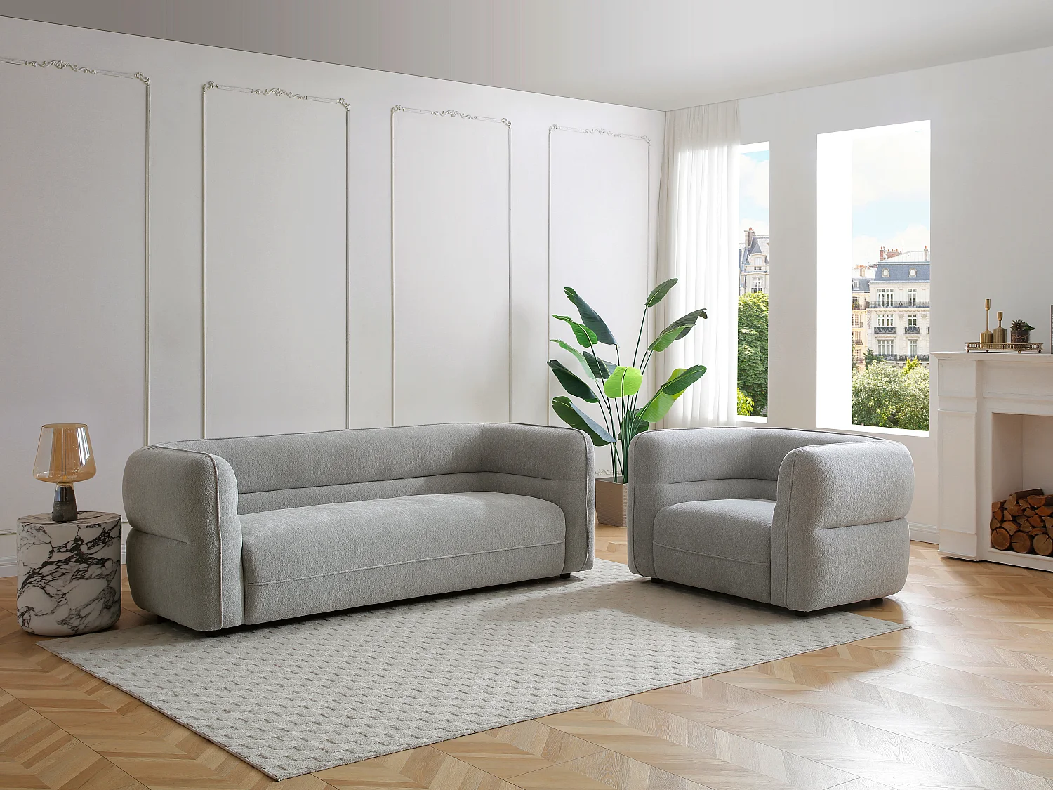 Canapé 3 places et un fauteuil en tissu chenille gris TALIENA