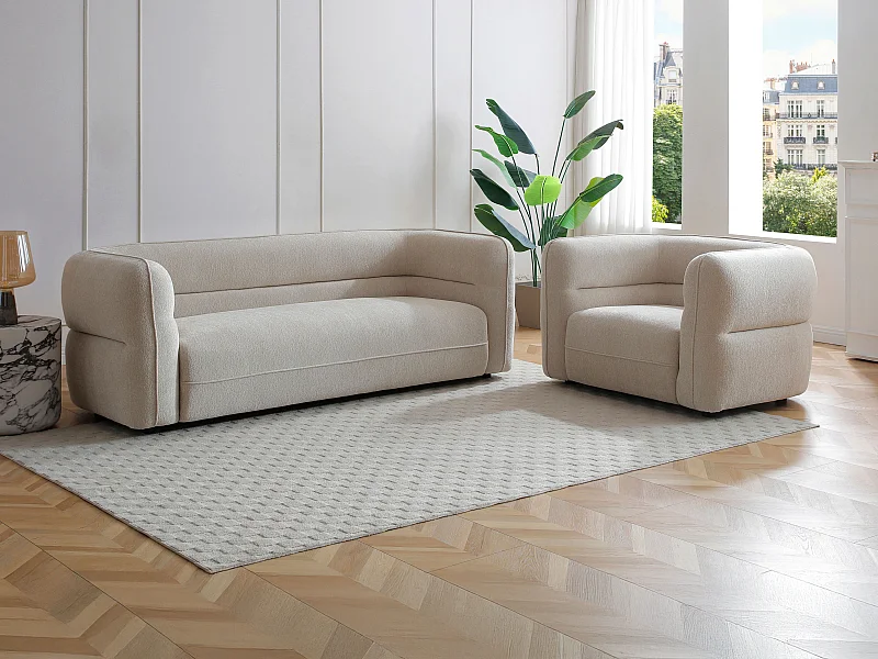Driezitsbank + fauteuil in beige chenille stof - TALIENA