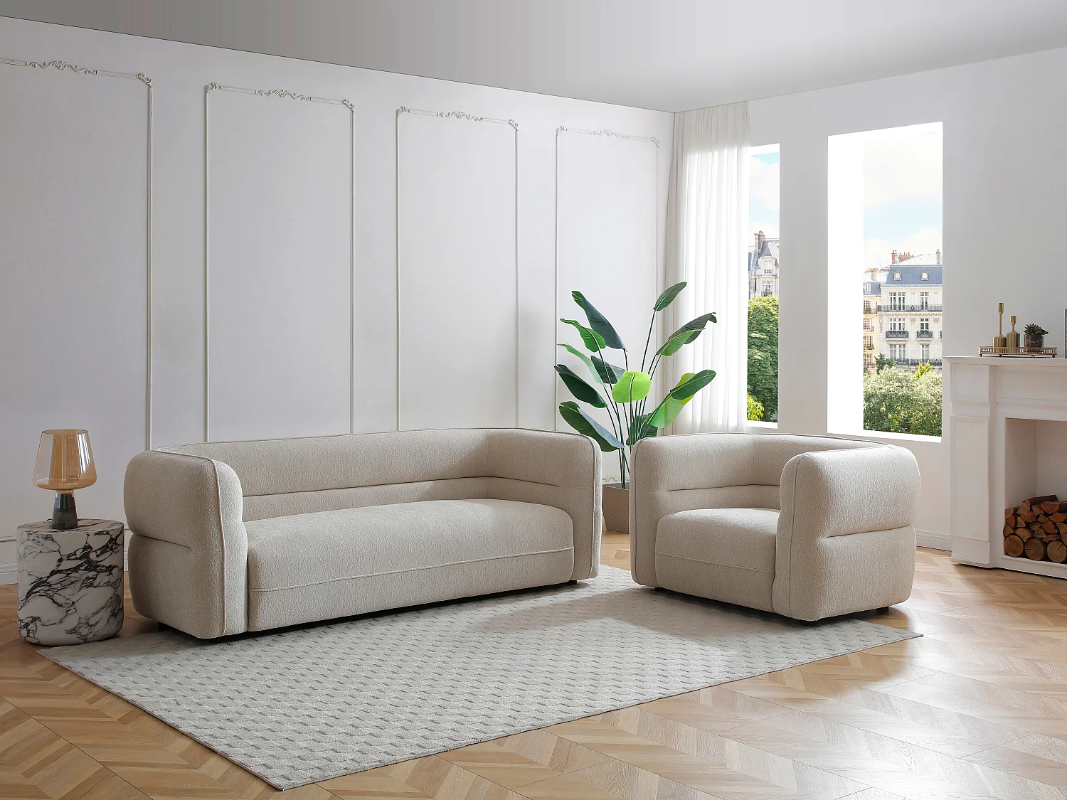 Canapé 3 places et un fauteuil en tissu chenille beige TALIENA