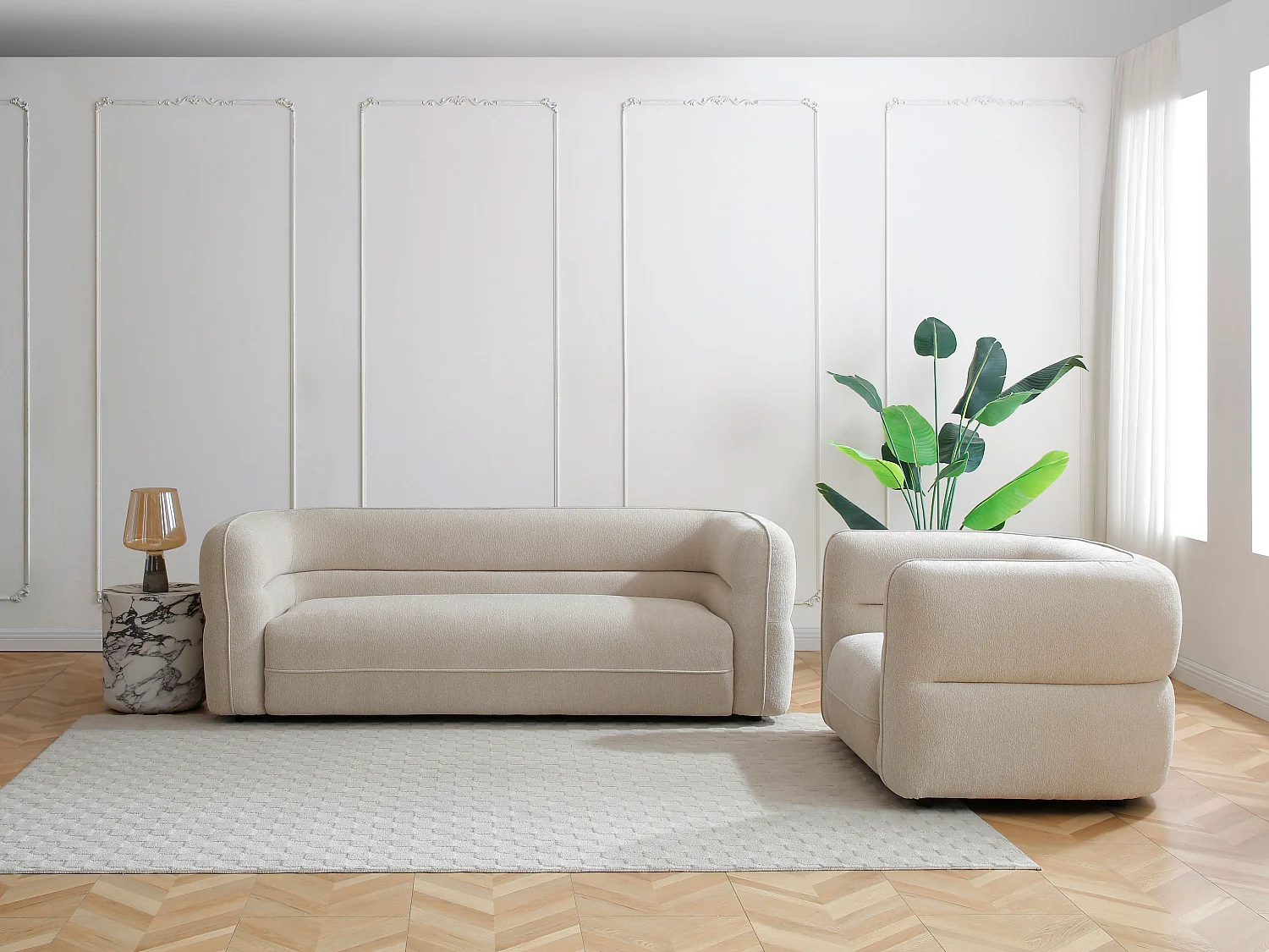 Canapé 3 places et un fauteuil en tissu chenille beige TALIENA