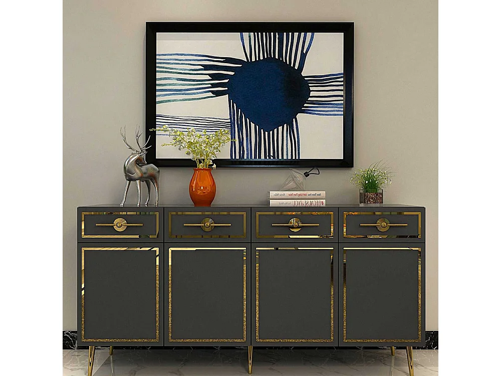 Aparador – 150cm x 75cm x 35cm – Antracite e Ouro – Aglomerado Revestido de Melamina