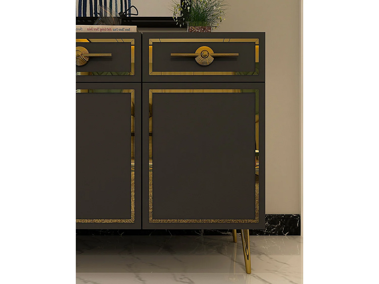 Aparador – 150cm x 75cm x 35cm – Antracite e Ouro – Aglomerado Revestido de Melamina