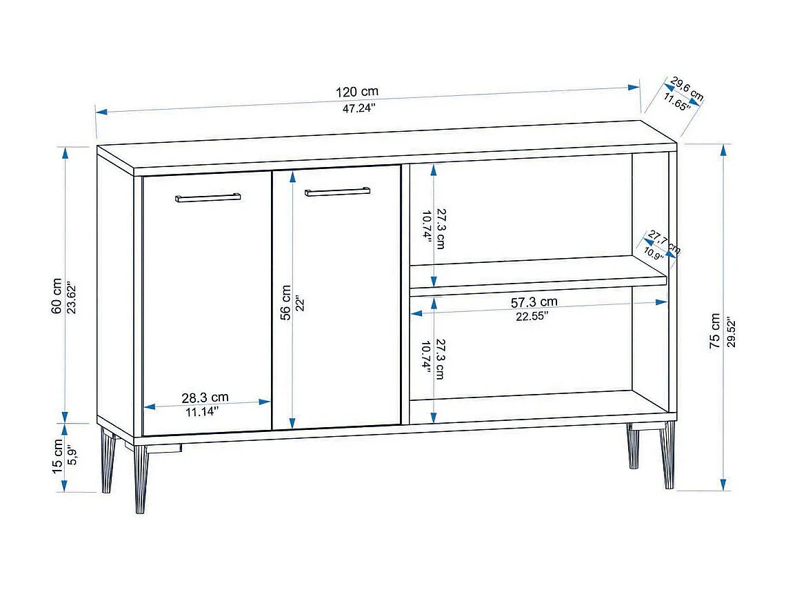 Aparador – 120 cm x 75 cm x 29,6 cm – Roble Zafiro y Blanco – Aglomerado