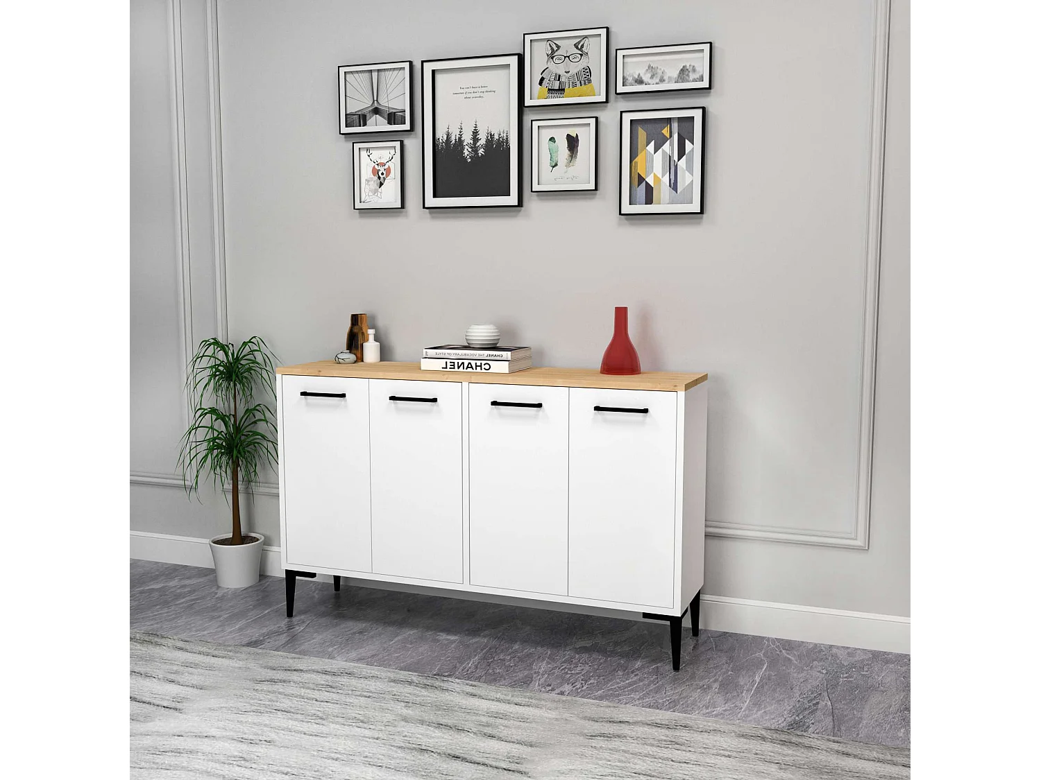 Aparador – 120 cm x 75 cm x 29,6 cm – Roble Zafiro y Blanco – Aglomerado