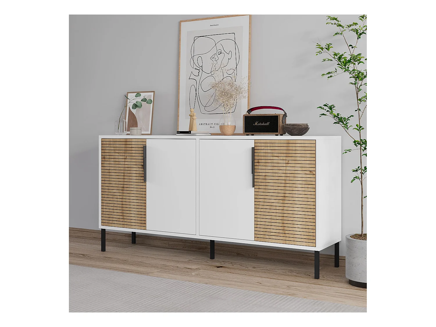 Buffet 4 portes décor blanc et chêne saphir ZERRA