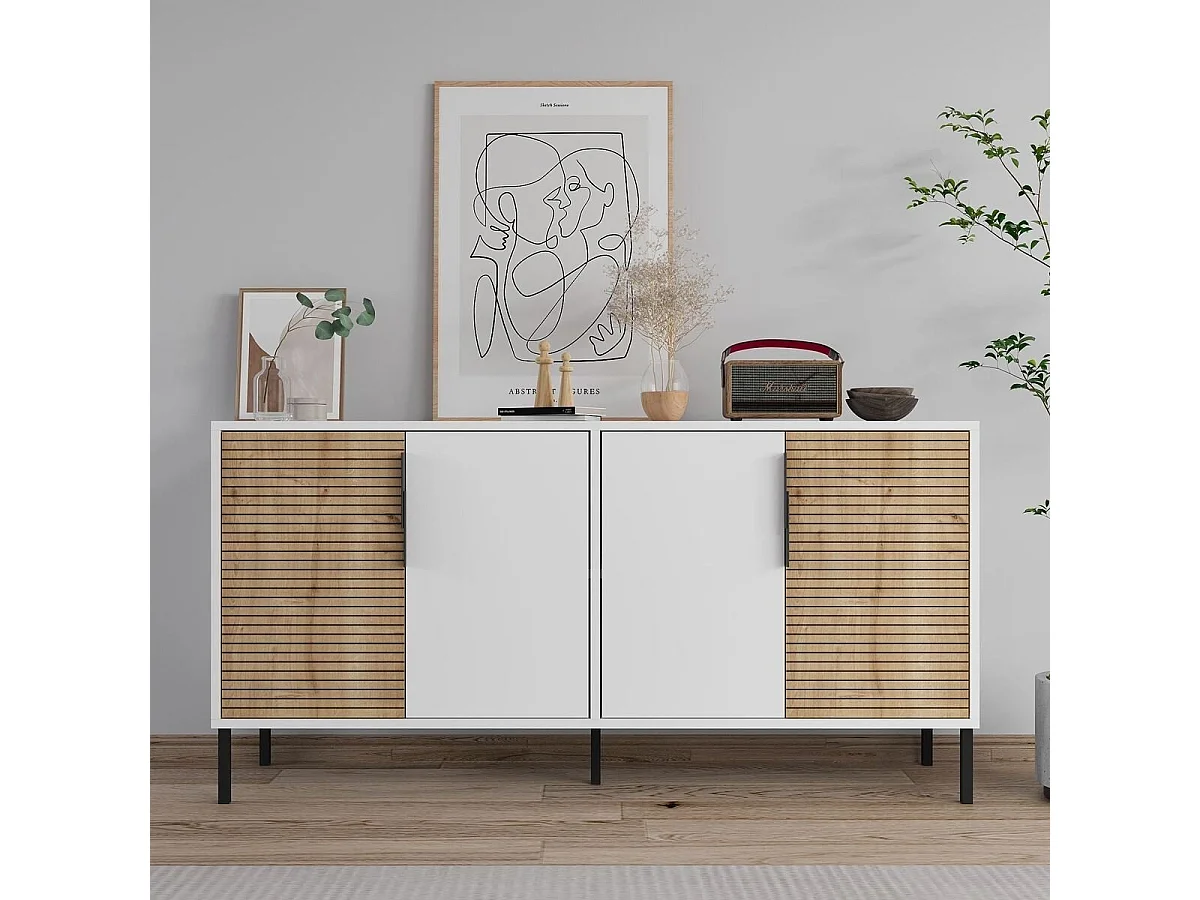 Aparador – 150 cm x 75 cm x 36 cm – Branco e Carvalho Safira – Aglomerado revestido de melamina