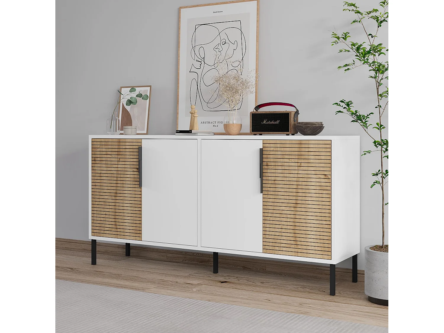 Aparador – 150 cm x 75 cm x 36 cm – Branco e Carvalho Safira – Aglomerado revestido de melamina