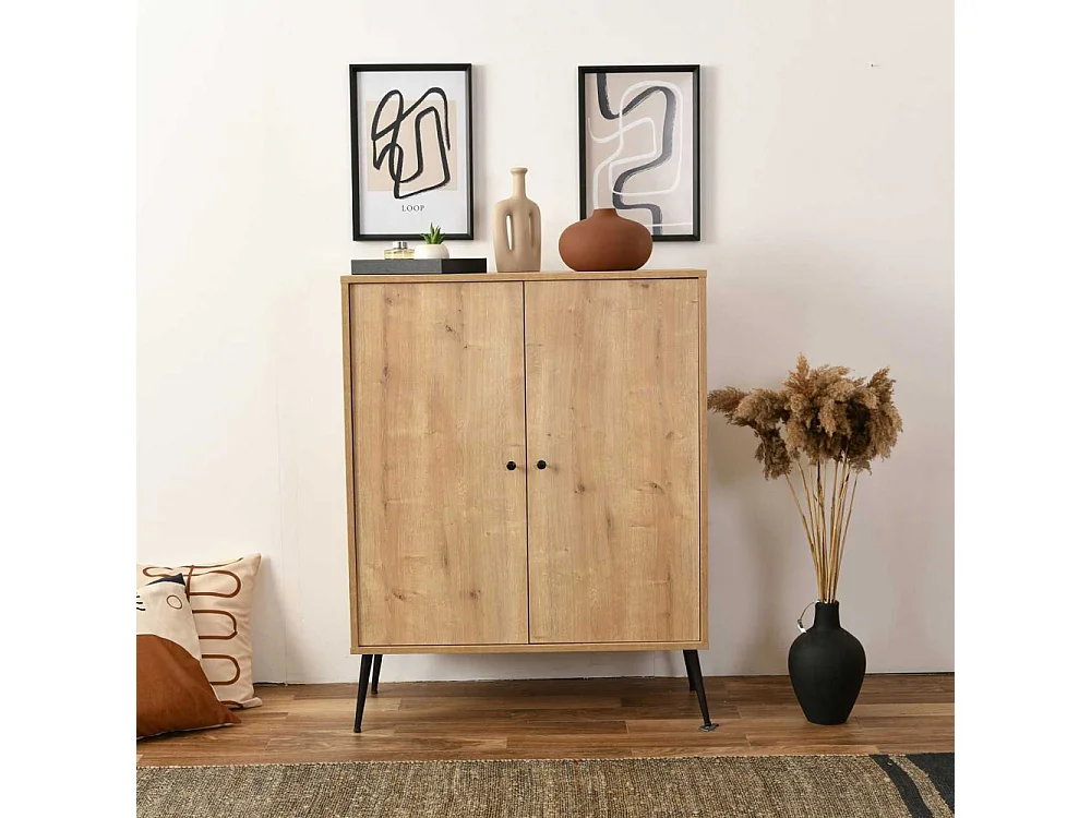 Aparador de Aglomerado Revestido de Melamina – 90cm x 105cm x 41cm – Carvalho – MDF e Metal