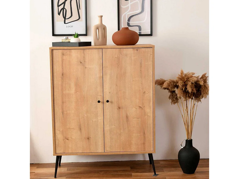 Aparador de Aglomerado Revestido de Melamina – 90cm x 105cm x 41cm – Carvalho – MDF e Metal