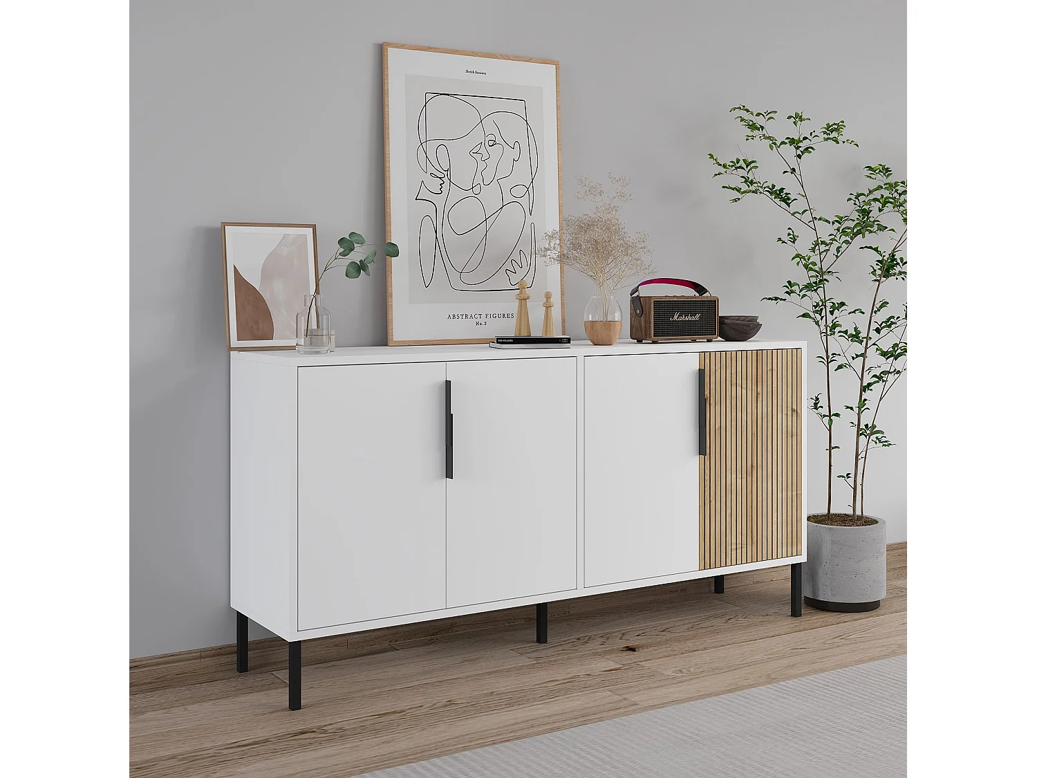 Aparador – 150 cm x 75 cm x 36 cm – Branco e Carvalho Safira – Aglomerado e Metal